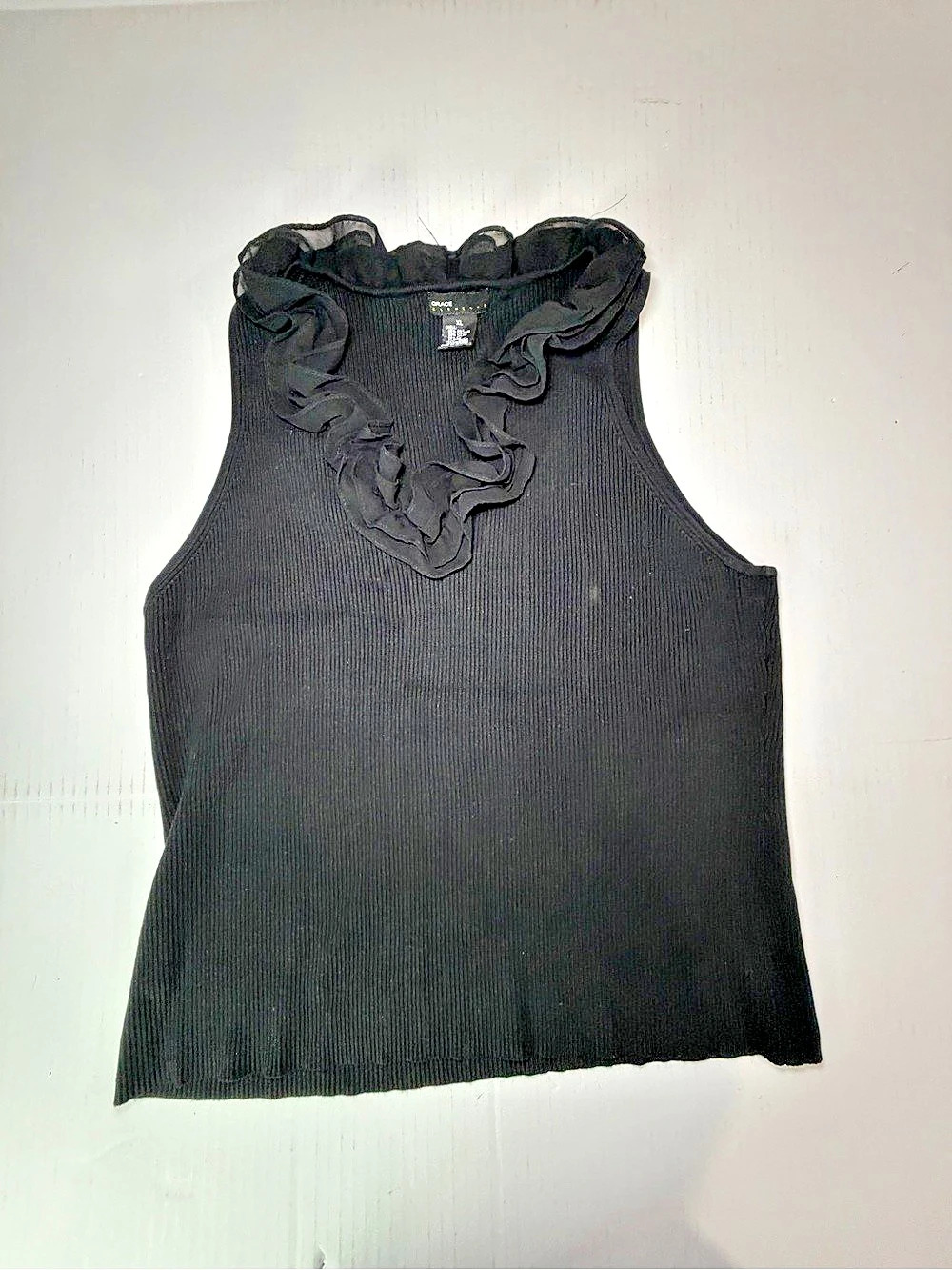 Y2K Grace Elements Ribbed Ruffle Neck Tank Top in Black Size XL witchy whimsi